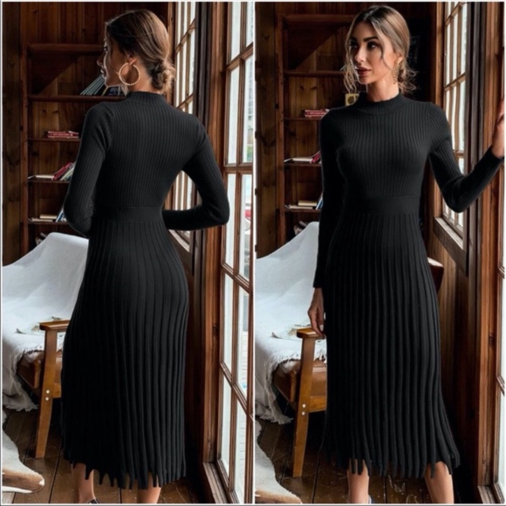 Classic ribbed knit mock neck sweater dress Work - Picture 4 of 13